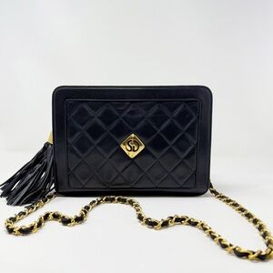 St. John Black Quilted Leather Tassel Crossbody Bag – Made in Italy,